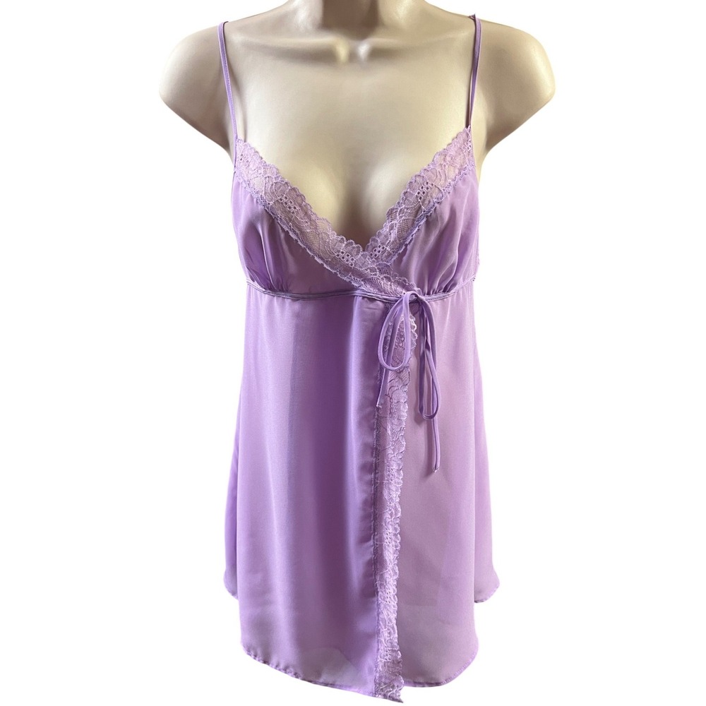 Victoria's Secret Babydoll Chemise XS Purple Bow Lace Trim Sheer Tie Front Sheer